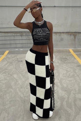 High waist slim slit bag hip checkerboard skirt